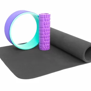 Yoga and fitness set Yoga mat, Yoga wheel 33 cm lilac-mint + massage roller